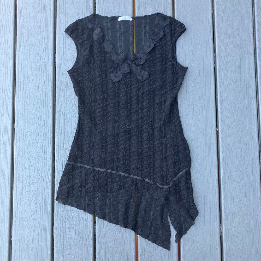 Sheer black lace V neck asymmetric hem tunic top or micro mini dress, Y2K fairy